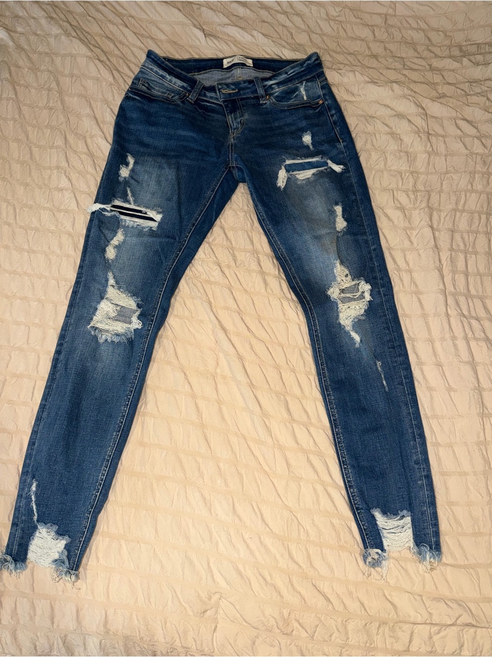 Buckle Distressed Skinny Jeans - Dark Blue